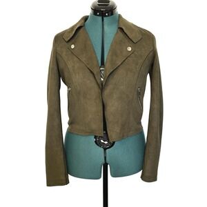 Anthropologie Jacket Womens‎ XS Olive Green Moto Biker Faux Suede Zip Pockets